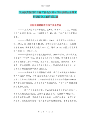市加快实现四市目标工作会发言与市加快综合治理工作研讨会上的讲话汇编