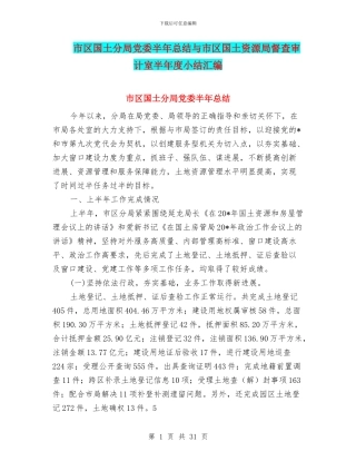 市区国土分局党委半年总结与市区国土资源局督查审计室半年度小结汇编