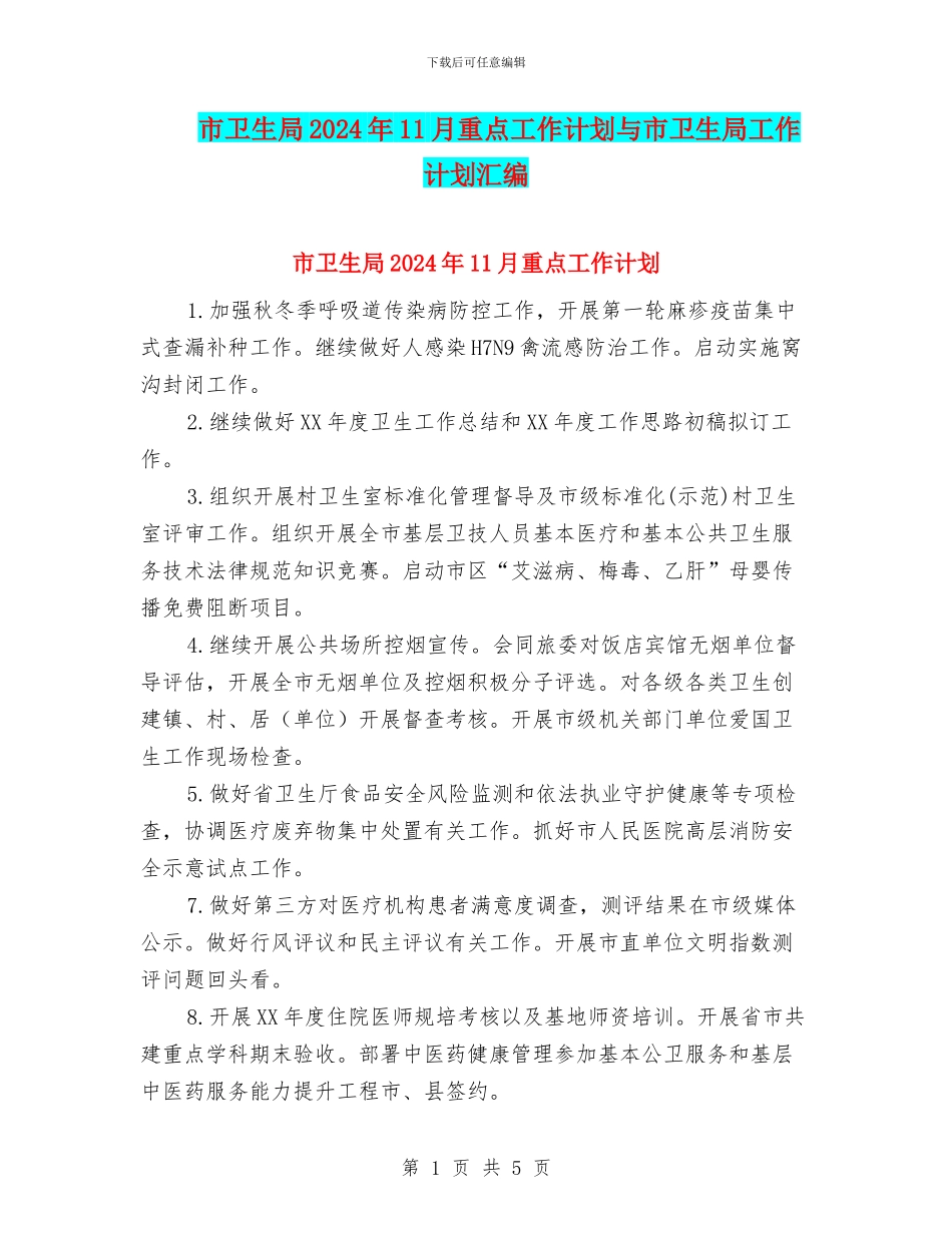 市卫生局2024年11月重点工作计划与市卫生局工作计划汇编_第1页