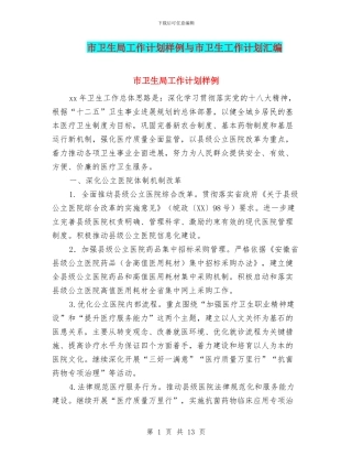 市卫生局工作计划样例与市卫生工作计划汇编