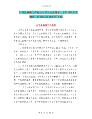 市卫生系统工作总结与市卫生系统年上半年纠风专项治理工作总结汇编