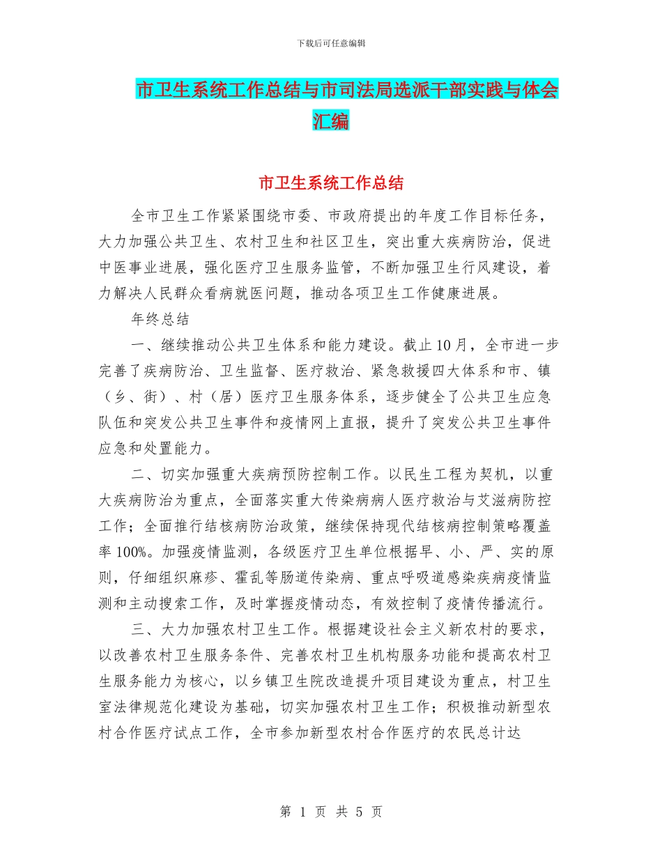 市卫生系统工作总结与市司法局选派干部实践与体会汇编_第1页