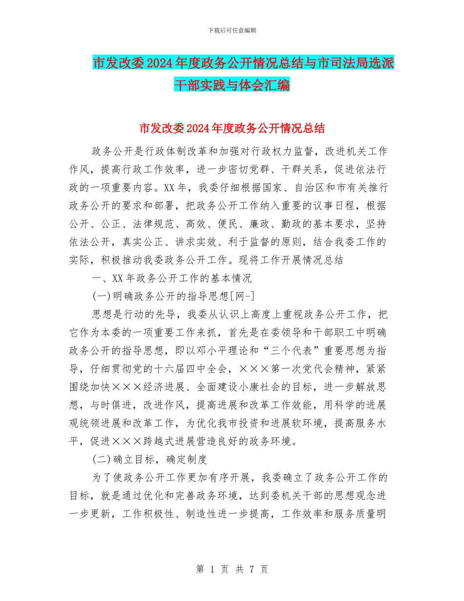 市发改委2024年度政务公开情况总结与市司法局选派干部实践与体会汇编_第1页