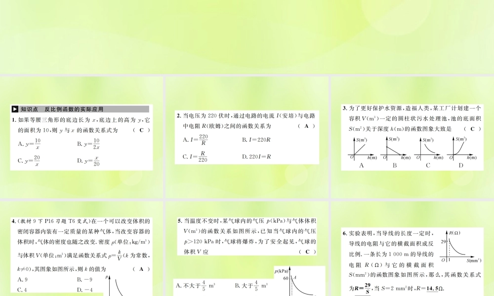 九年级数学下册 第二十六章 反比例函数 262 实际问题与反比例函数课件 (新版)新人教版 课件
