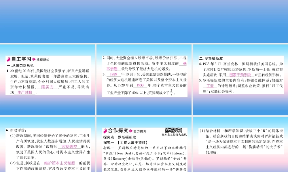 九年级历史下册 第4单元 经济大危机和第二次世界大战 第13课 罗斯福新政自主学习课件 新人教版 课件