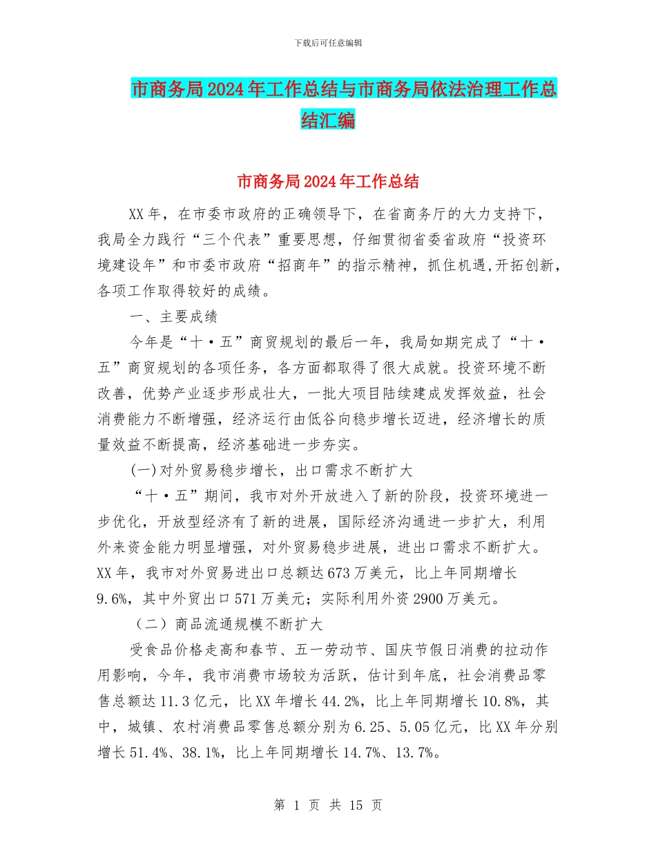 市商务局2024年工作总结与市商务局依法治理工作总结汇编_第1页