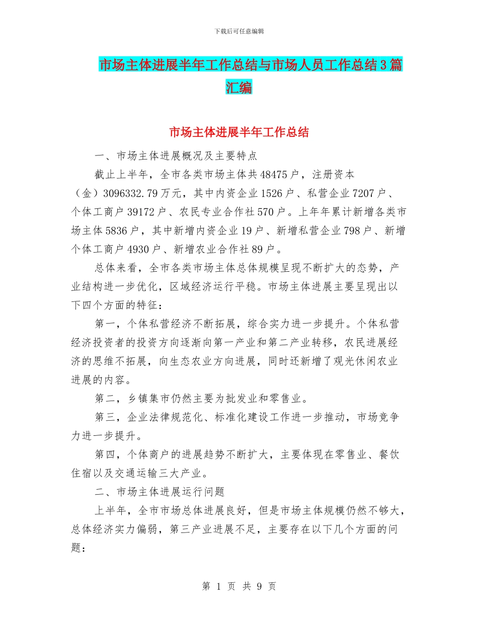 市场主体发展半年工作总结与市场人员工作总结3篇汇编_第1页
