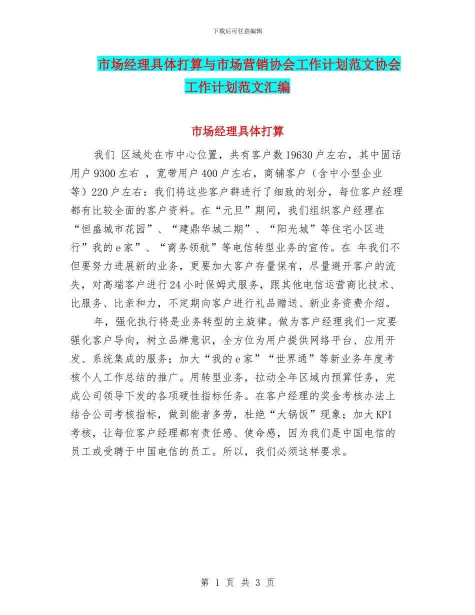 市场经理具体打算与市场营销协会工作计划范文协会工作计划范文汇编_第1页