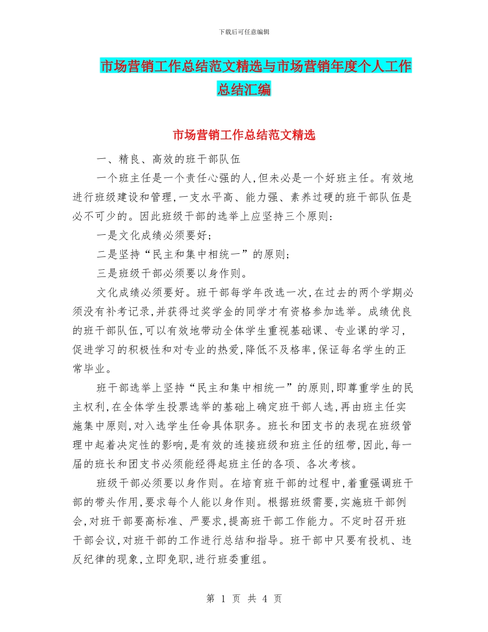 市场营销工作总结范文精选与市场营销年度个人工作总结汇编_第1页
