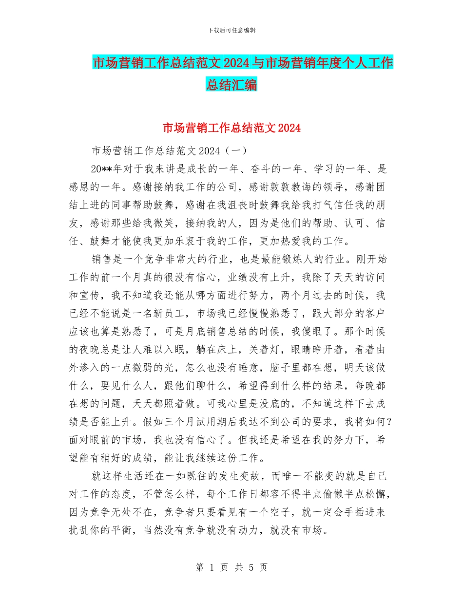 市场营销工作总结范文2024与市场营销年度个人工作总结汇编_第1页