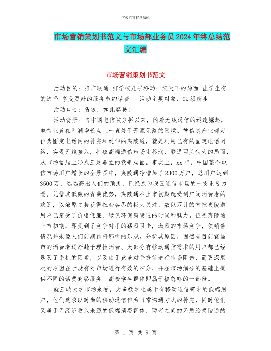 市场营销策划书范文与市场部业务员2024年终总结范文汇编_第1页