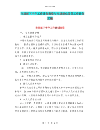 市场部下半年工作计划表格与市场部业务员工作计划汇编