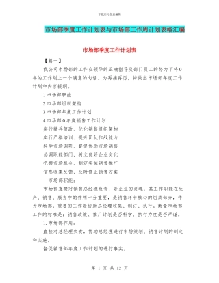市场部季度工作计划表与市场部工作周计划表格汇编