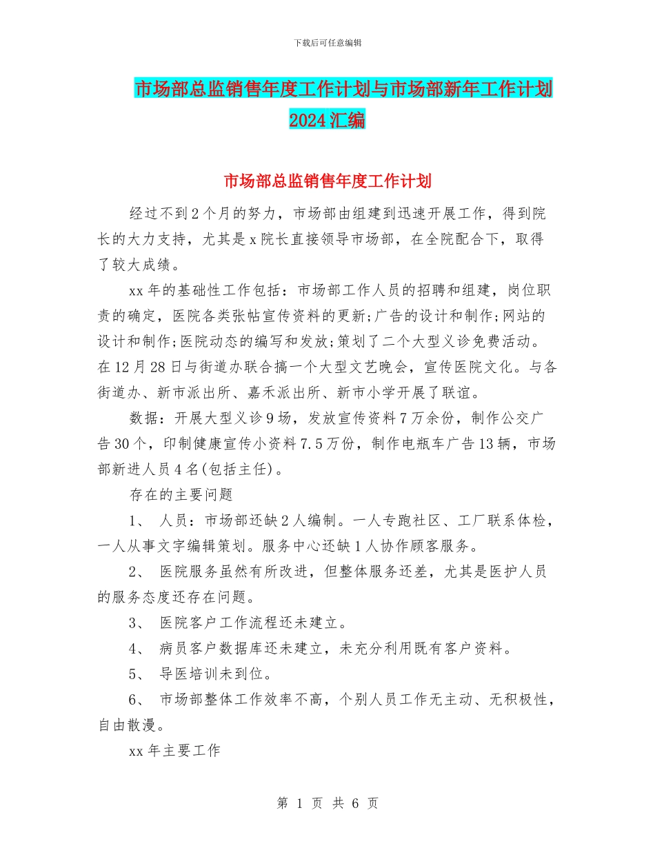 市场部总监销售年度工作计划与市场部新年工作计划2024汇编_第1页