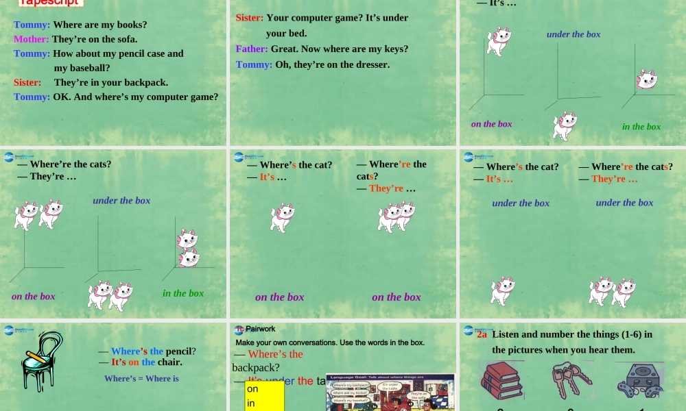 新疆生产建设兵团第五师八十六团一中七年级英语上册 Unit 4 Where s my backpack？Section A课件 (新版)人教新目标版 课件