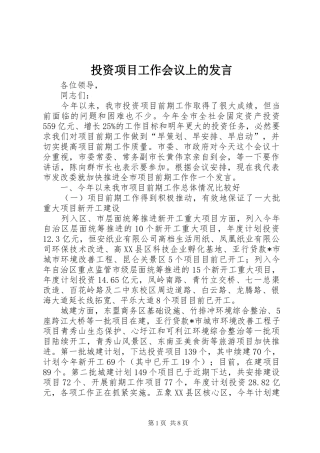 投资项目工作会议上的发言