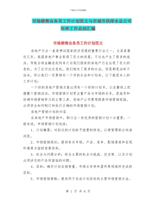 市场销售业务员工作计划范文与市城市供排水总公司年终工作总结汇编