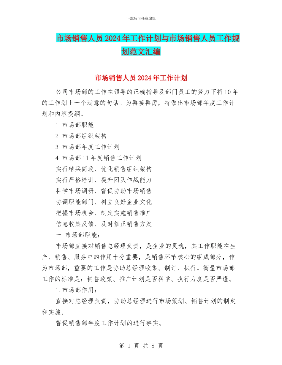 市场销售人员2024年工作计划与市场销售人员工作规划范文汇编_第1页