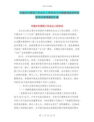 市城市共青团工作会议上的讲话与市城建局政府性投资项目管理通知汇编