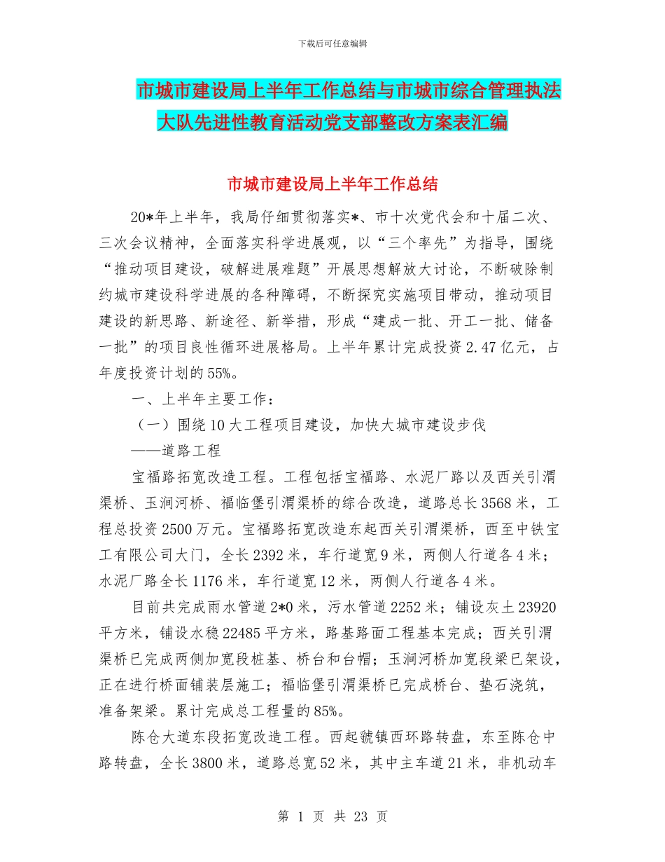 市城市建设局上半年工作总结与市城市综合管理执法大队先进性教育活动党支部整改方案表汇编_第1页