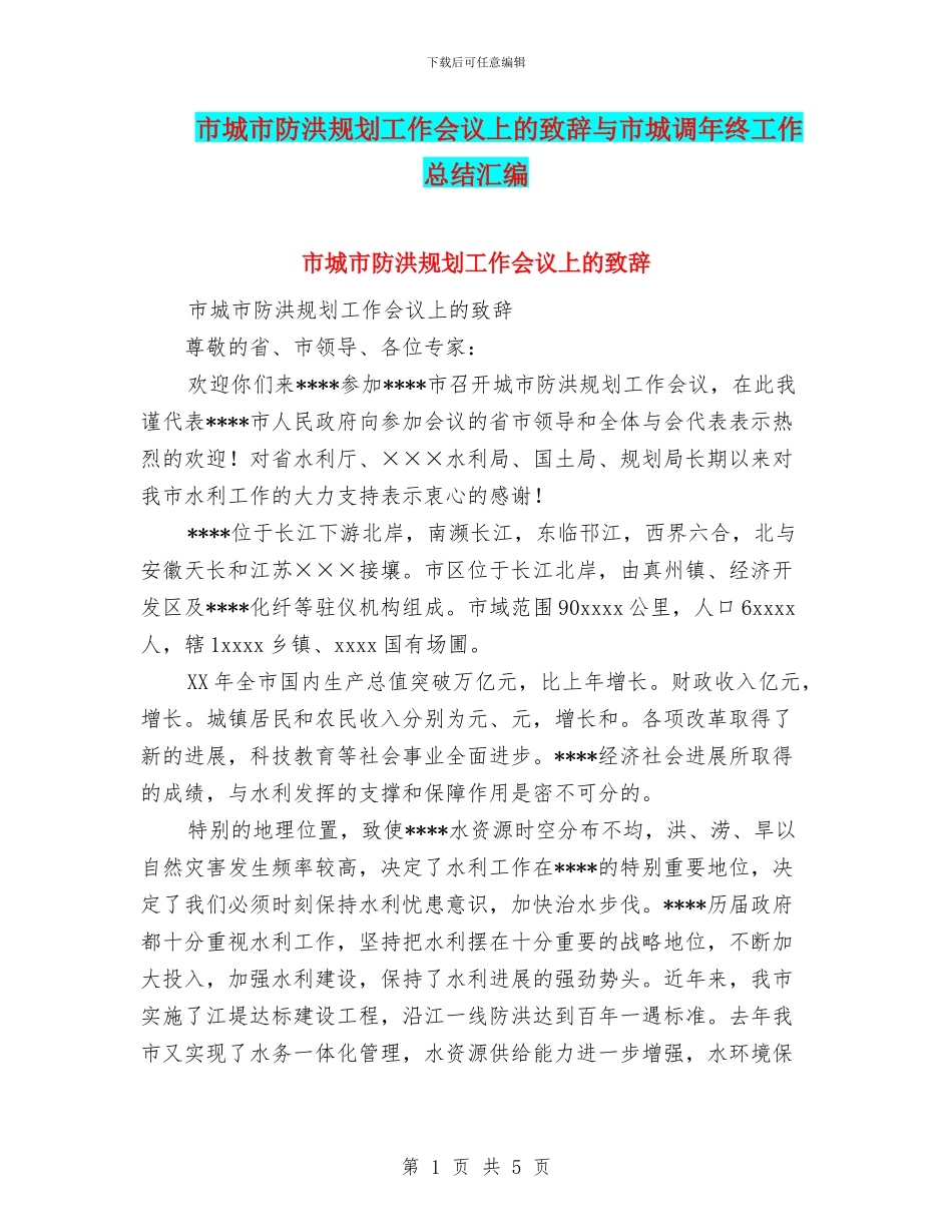 市城市防洪规划工作会议上的致辞与市城调年终工作总结汇编_第1页