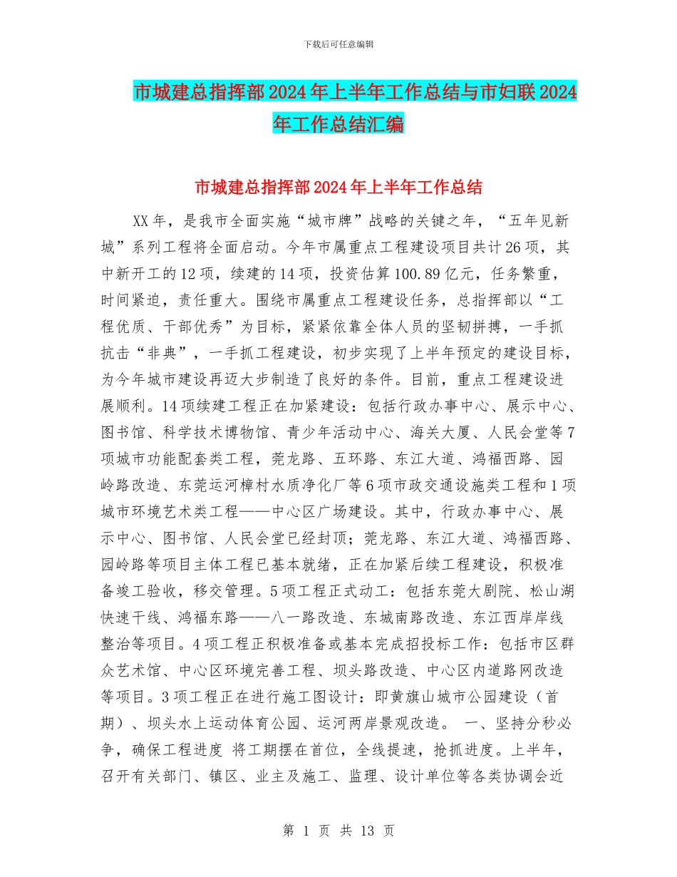 市城建总指挥部2024年上半年工作总结与市妇联2024年工作总结汇编_第1页