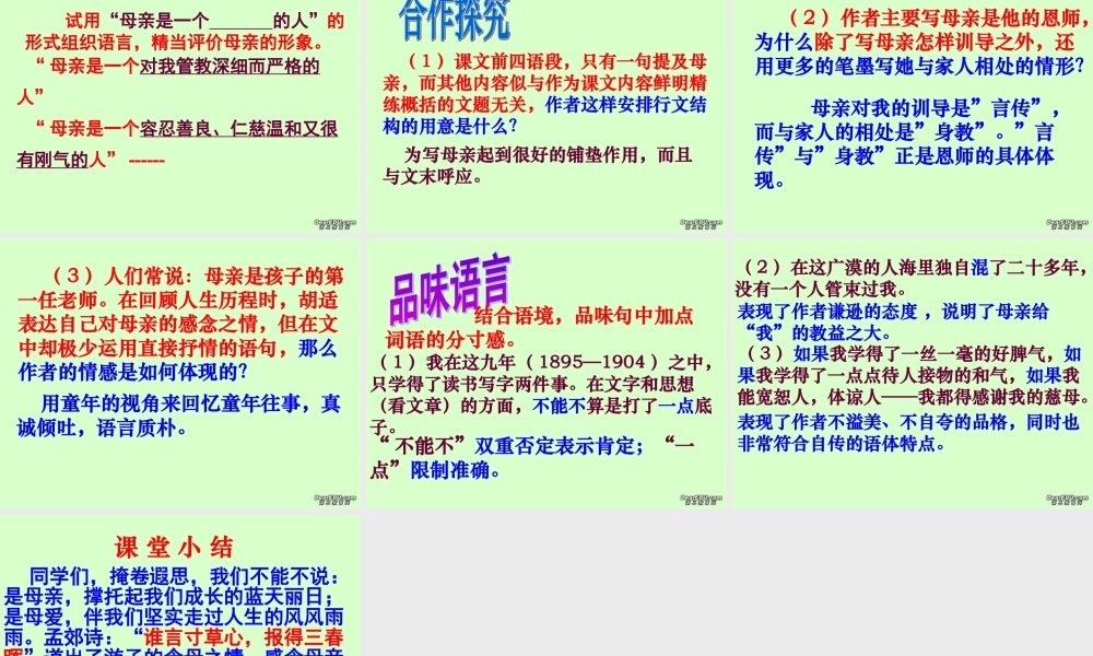 八年级语文下册第二课我的母亲课件一 人教版 课件