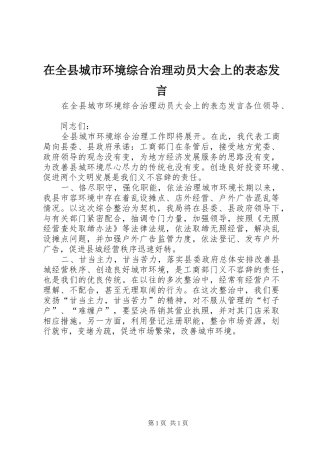 在全县城市环境综合治理动员大会上的表态发言