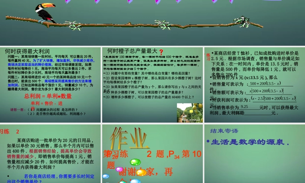 九年级数学上册 22(二次函数)二次函数的应用 利润问题课件 (新版)新人教版 课件