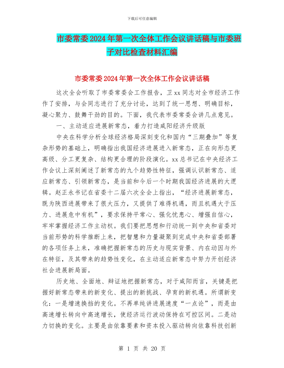 市委常委2024年第一次全体工作会议讲话稿与市委班子对照检查材料汇编_第1页