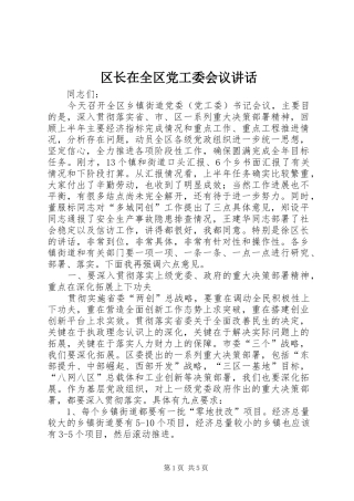 区长在全区党工委会议讲话
