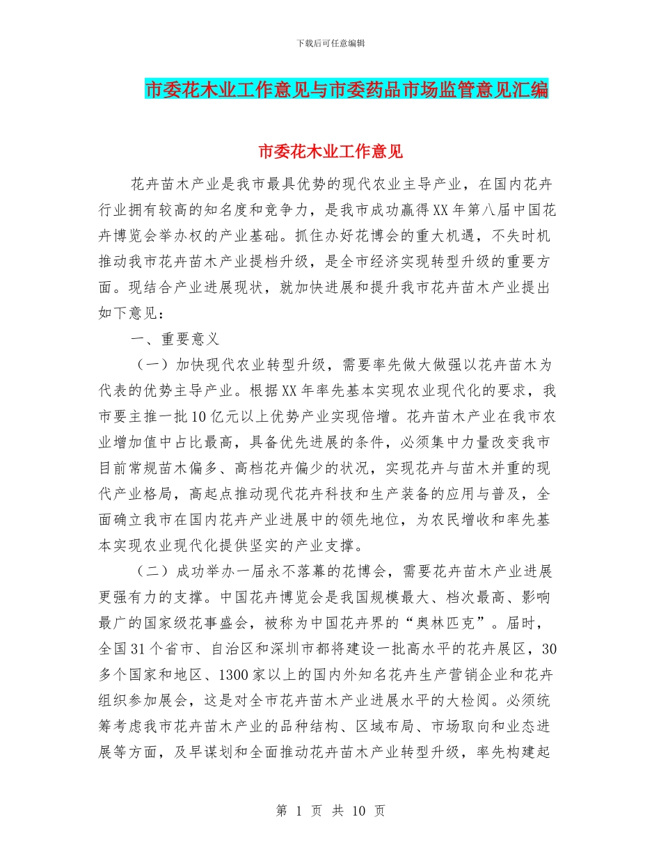 市委花木业工作意见与市委药品市场监管意见汇编_第1页