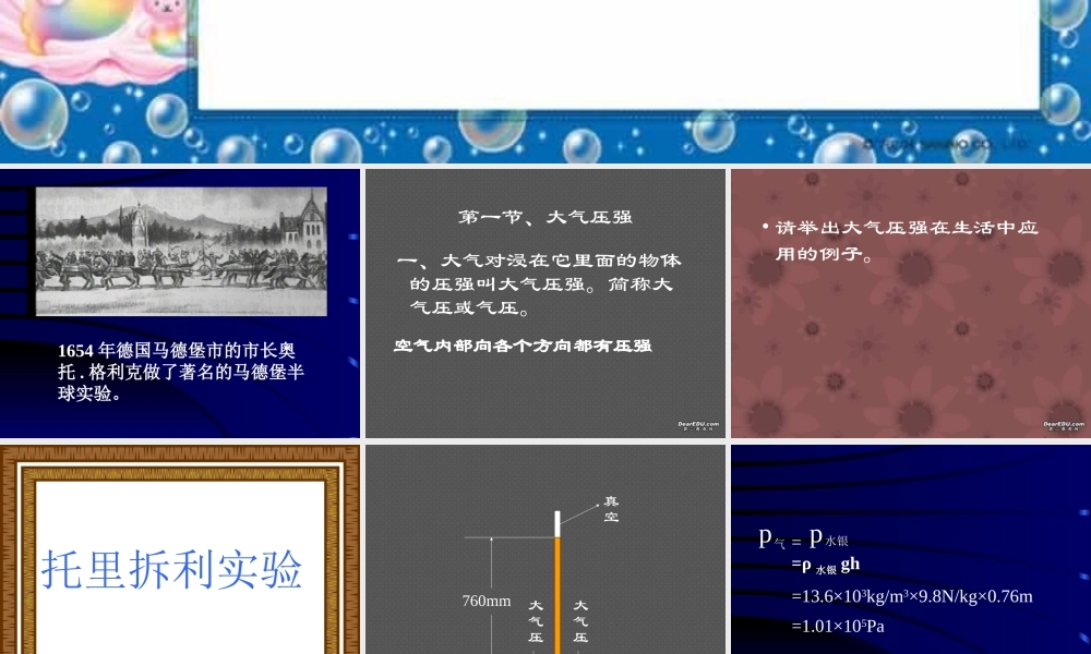 人教版初三物理大气压强 课件