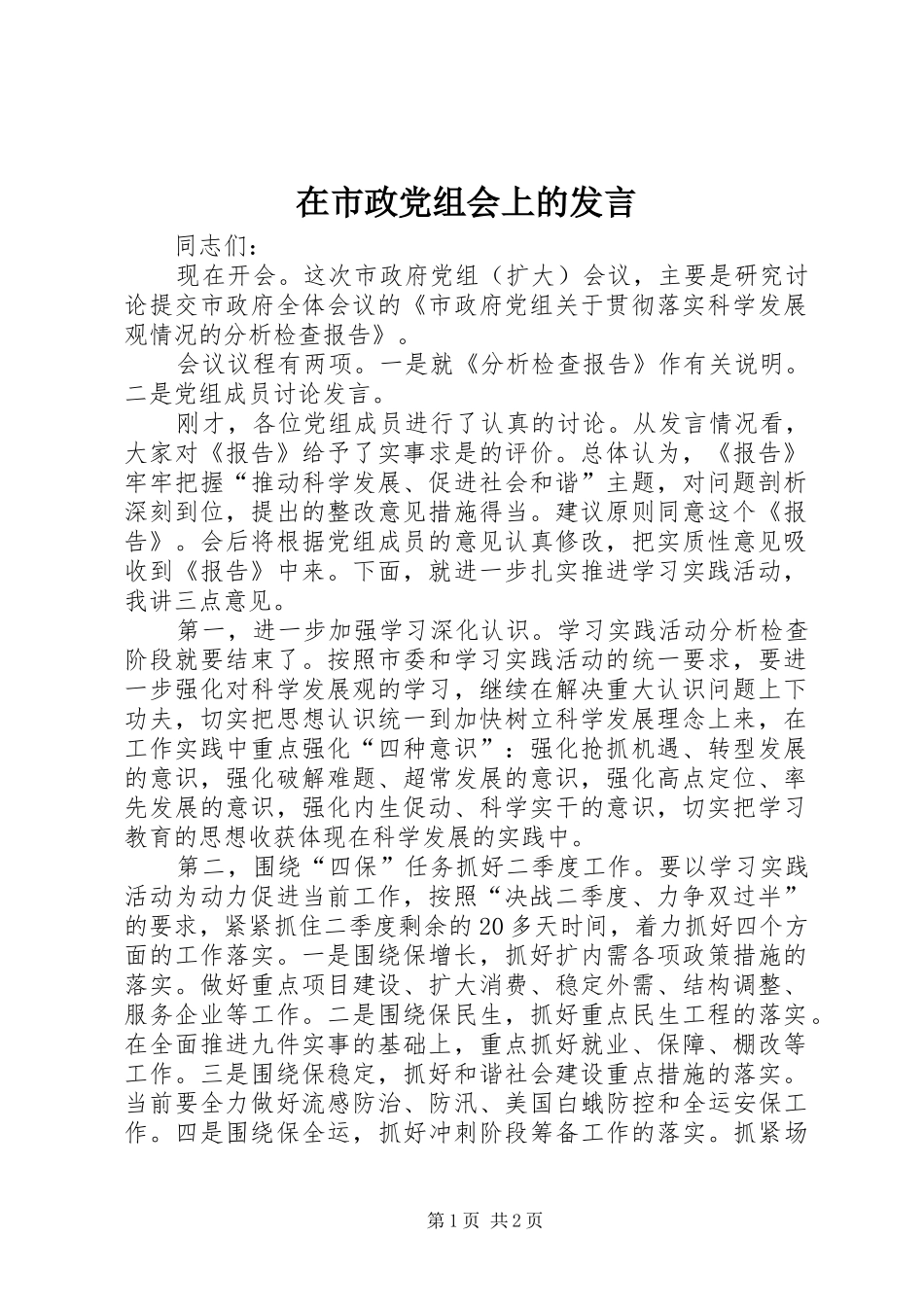 在市政党组会上的发言_第1页