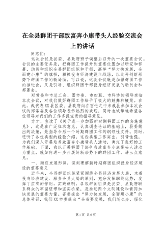 在全县群团干部致富奔小康带头人经验交流会上的讲话