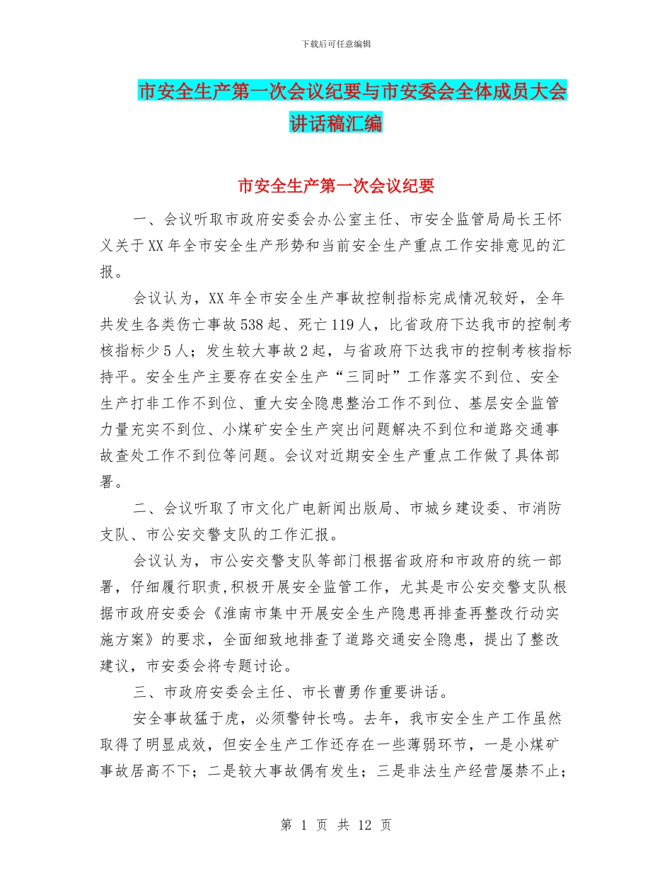 市安全生产第一次会议纪要与市安委会全体成员大会讲话稿汇编_第1页