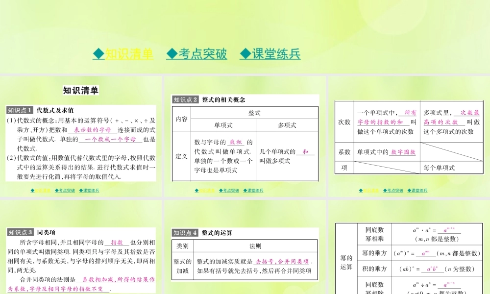 中考数学总复习 第一部分 考点梳理 第一章 数与式 第2课时 整式与因式分解课件