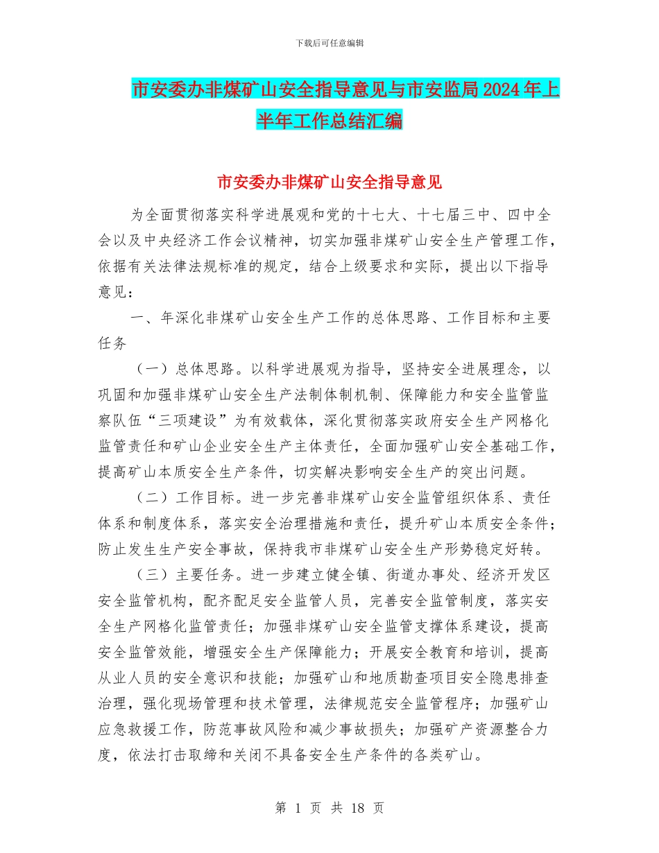 市安委办非煤矿山安全指导意见与市安监局2024年上半年工作总结汇编_第1页