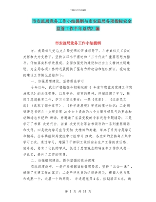 市安监局党务工作小结提纲与市安监局各项指标安全监管工作半年总结汇编