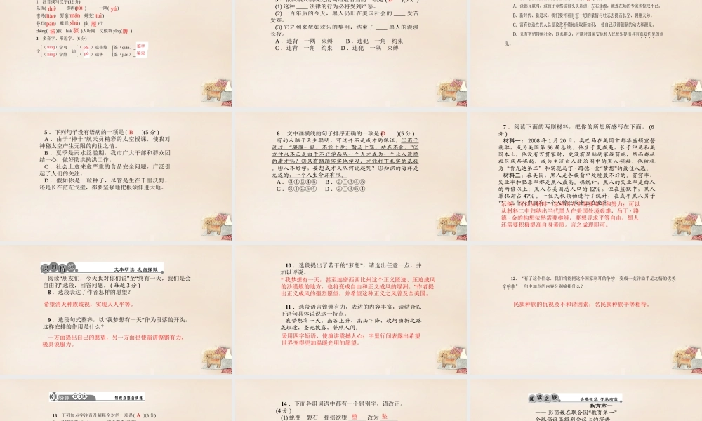 八年级语文下册 14(我有一个梦想)习题课件 (新版)语文版 (新版)语文版 课件