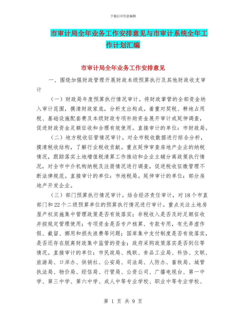 市审计局全年业务工作安排意见与市审计系统全年工作计划汇编_第1页