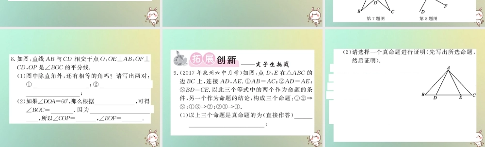 八年级数学上册 第七章 平行线的证明 7.2 定义与命题(2)习题课件 (新版)北师大版 课件