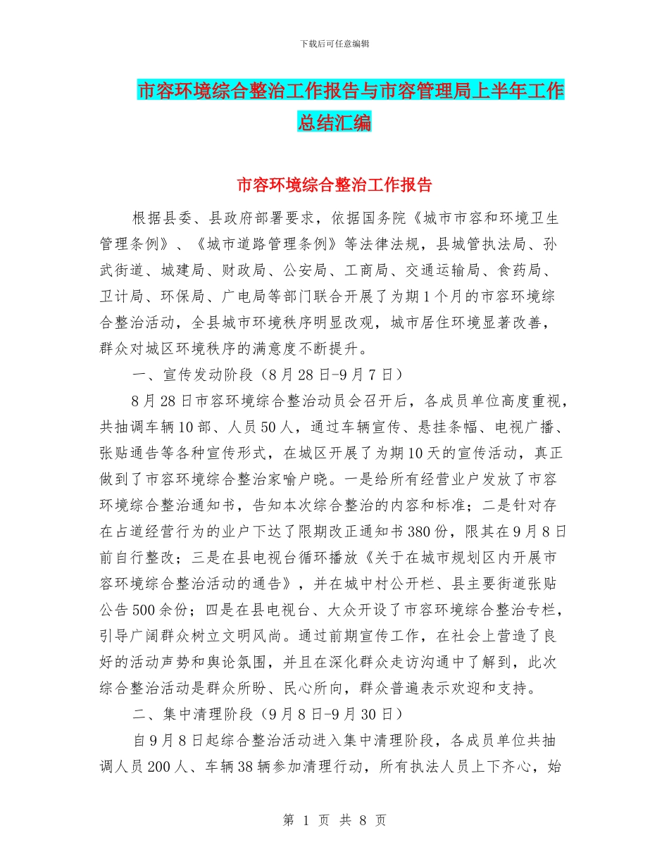 市容环境综合整治工作报告与市容管理局上半年工作总结汇编.doc_第1页