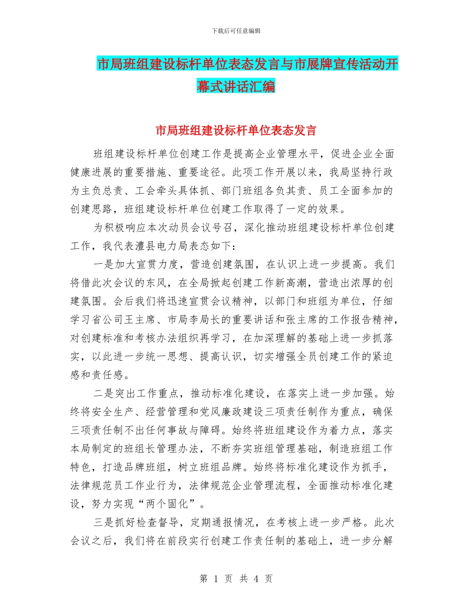 市局班组建设标杆单位表态发言与市展牌宣传活动开幕式讲话汇编_第1页