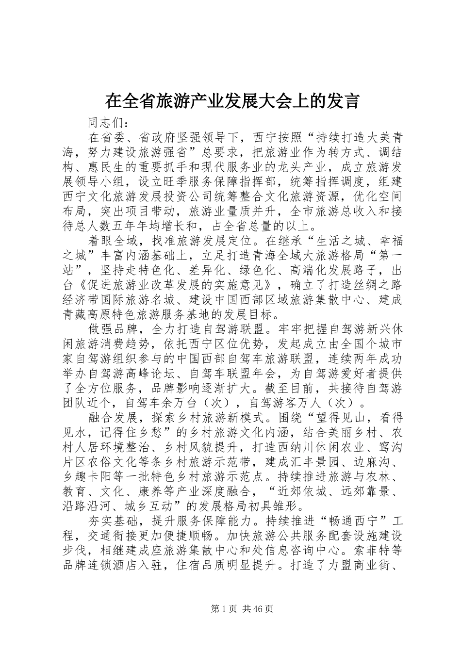 在全省旅游产业发展大会上的发言_第1页