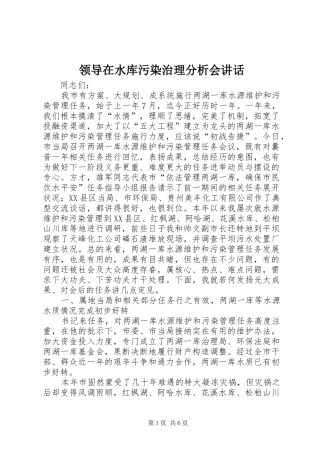 领导在水库污染治理分析会讲话