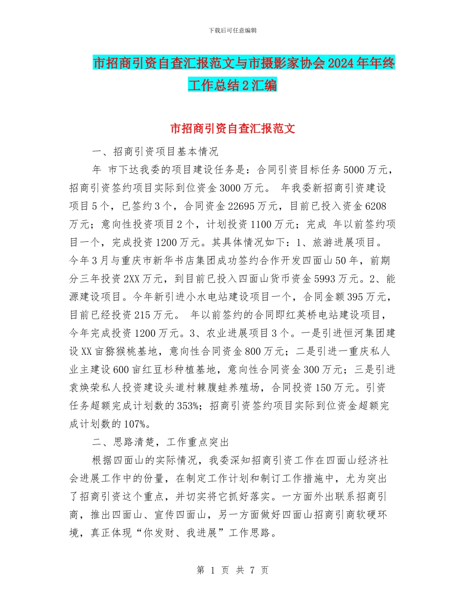 市招商引资自查汇报范文与市摄影家协会2024年年终工作总结2汇编_第1页