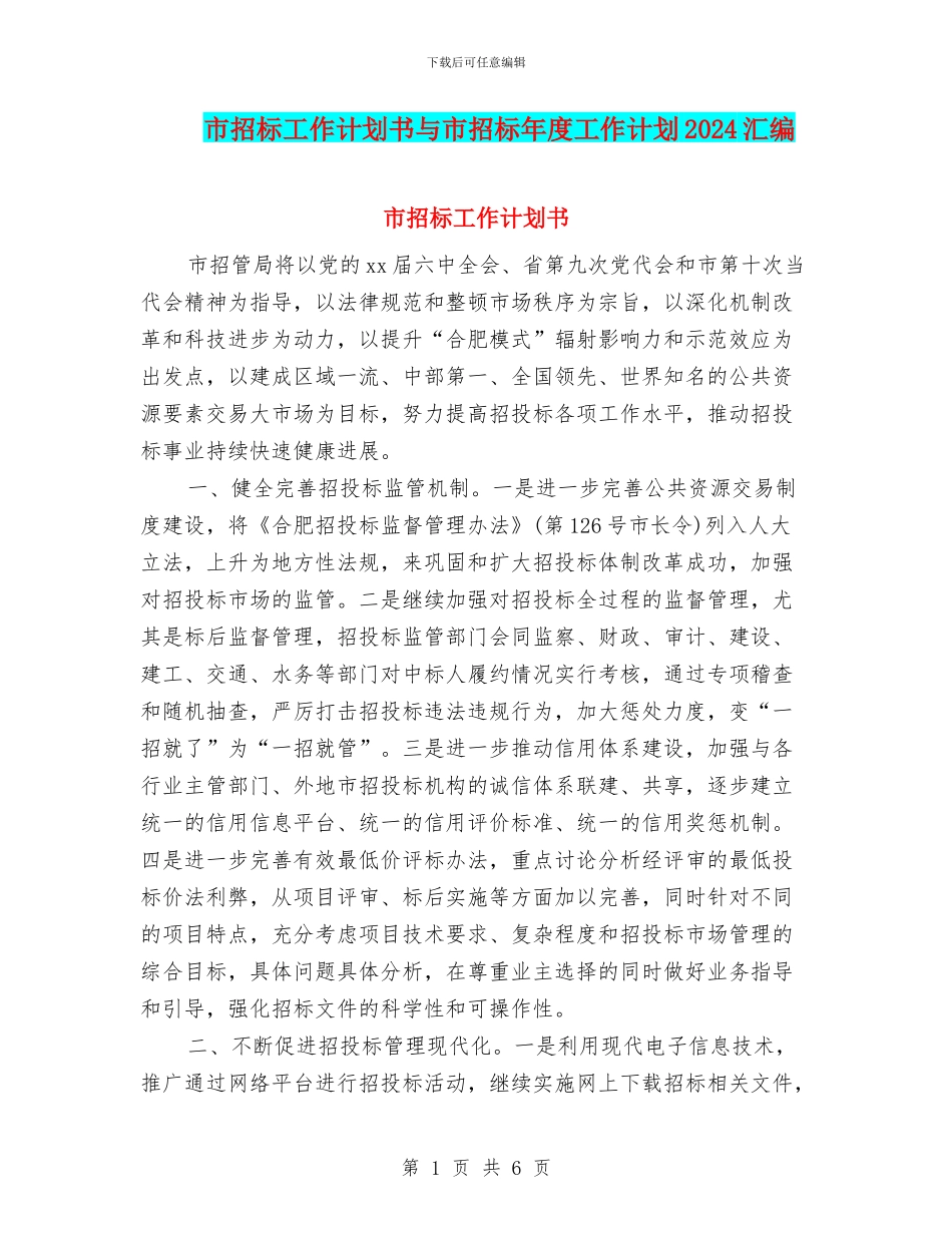 市招标工作计划书与市招标年度工作计划2024汇编_第1页