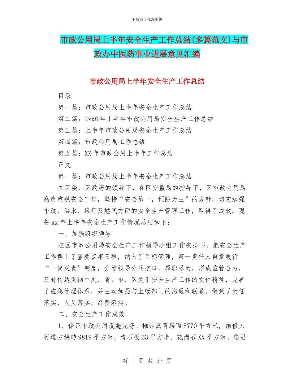 市政公用局上半年安全生产工作总结与市政办中医药事业发展意见汇编_第1页