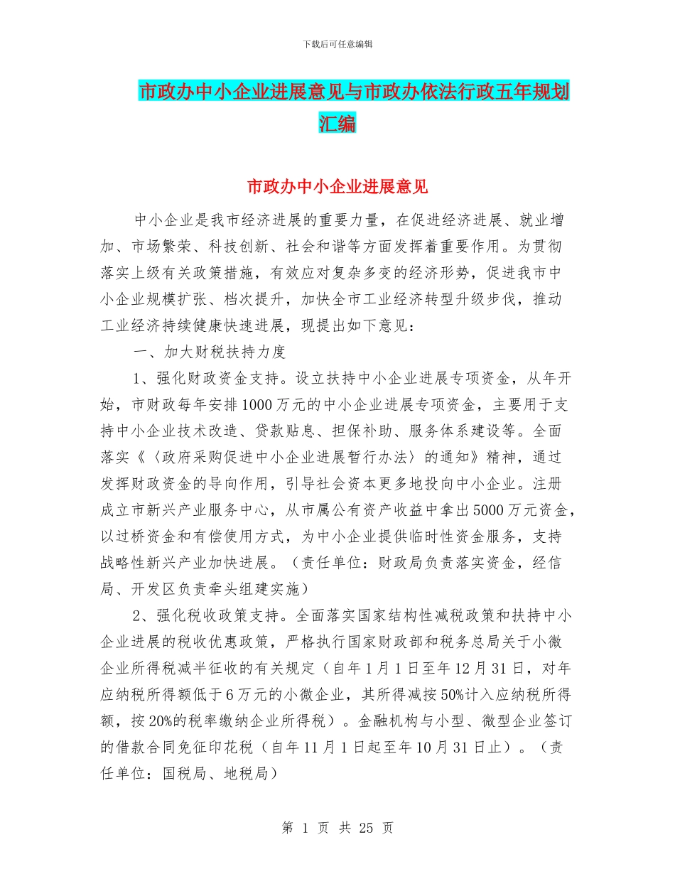 市政办中小企业发展意见与市政办依法行政五年规划汇编_第1页